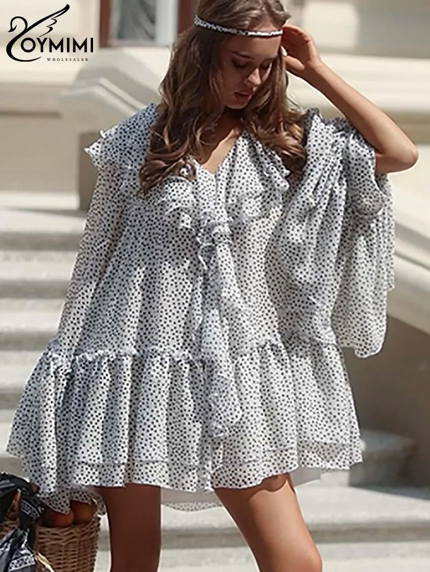 

Oymimi Elegant White Print Women's Dress Fashion Long Sleeve Ruffled Lace-Up Dresses Casual Loose Pleated Mini Dress Streetwear