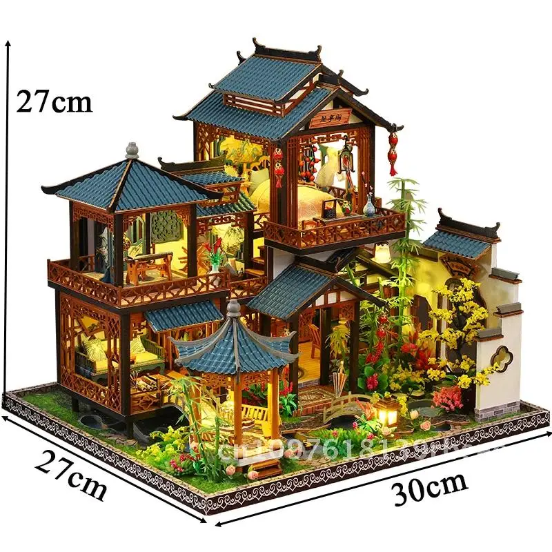 DIY Holz chinesische alte Villa Miniatur Bausätze Puppenhäuser mit Möbeln Casa Puppenhäuser für Freunde Geburtstagsgeschenke