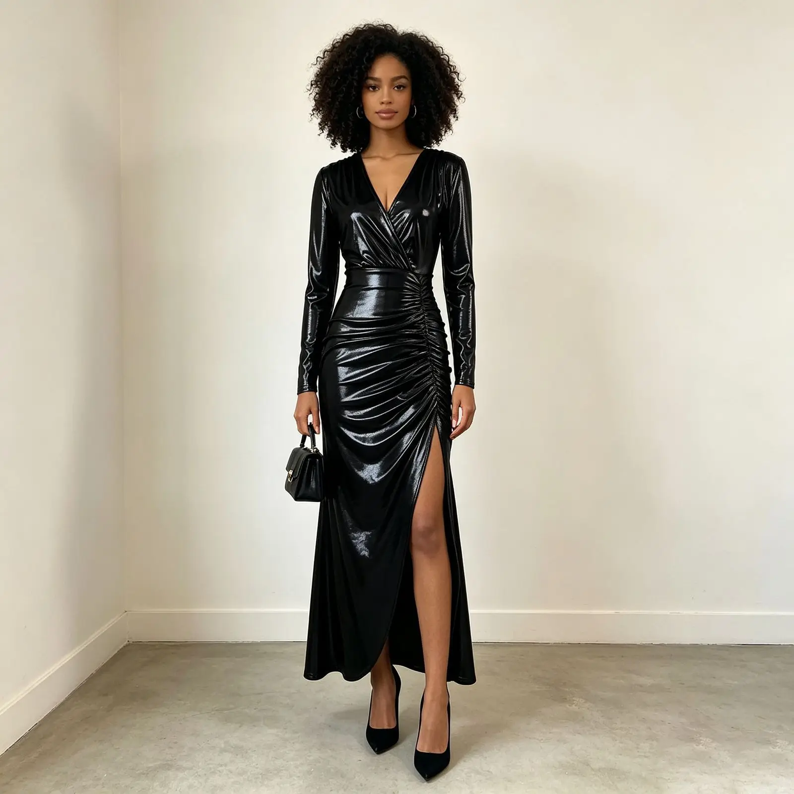 Erotogenic Deep V-neck Clothes With Side Slit, Long Gown, 2026 Autumn. New Collection, Long-sleeved Clothes With Metallic Print