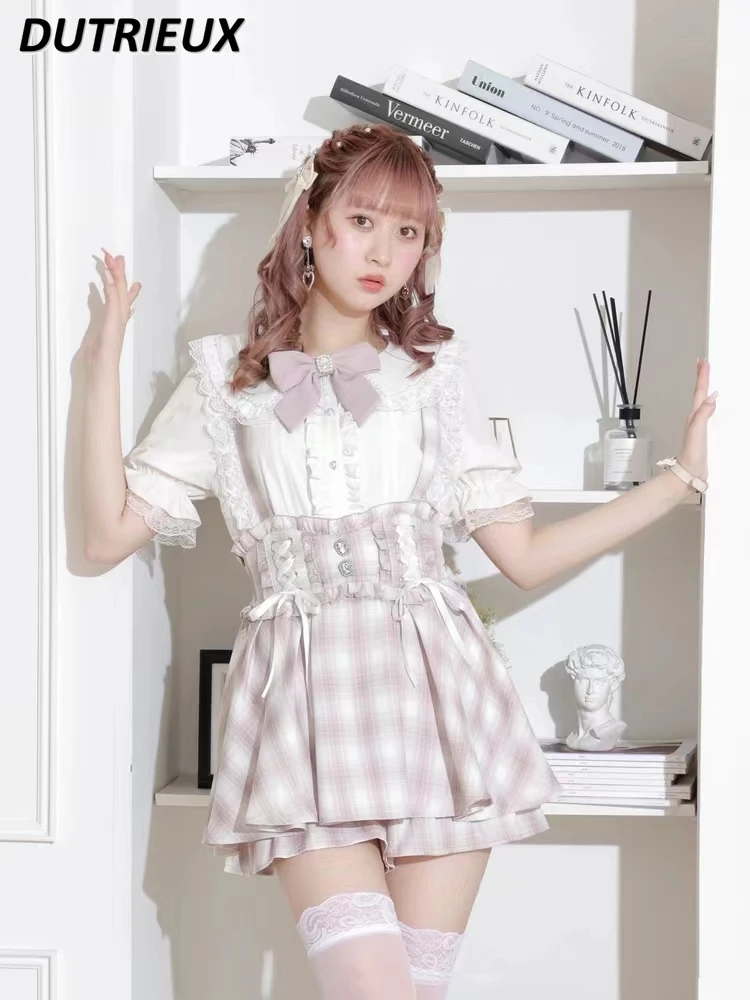 Japanese Original New Mine Women's Kawaii Lace Bow Short-Sleeved White Shirt Summer Doll Collar Sweet Cute Girls Wild Tops