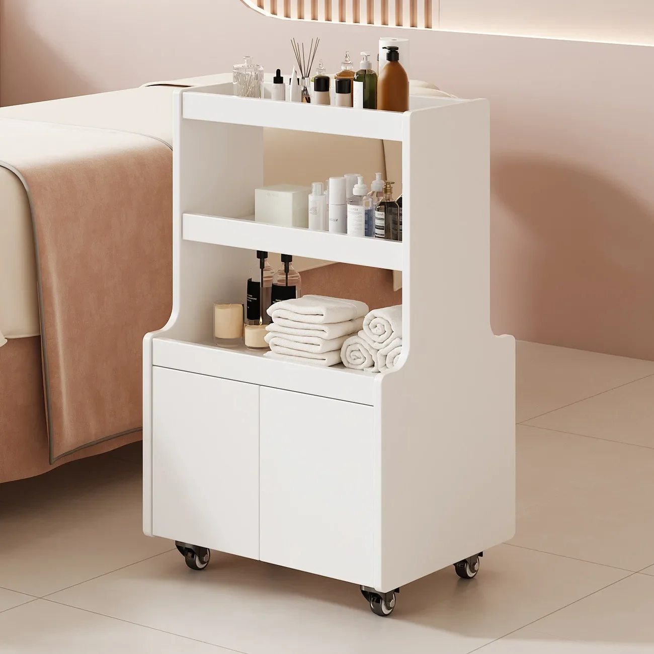 Beauty salon special trolley Wooden movable care instrument rack Cosmetics hand push Advanced tool cart