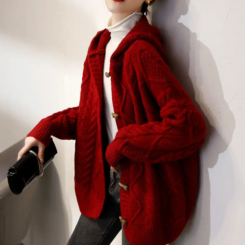 Autumn Cardigan Sweater 2023 New Knitted Cardigan Women Loose Retro Slouchy Hooded Coat Top Sweater Casual Cardigan female