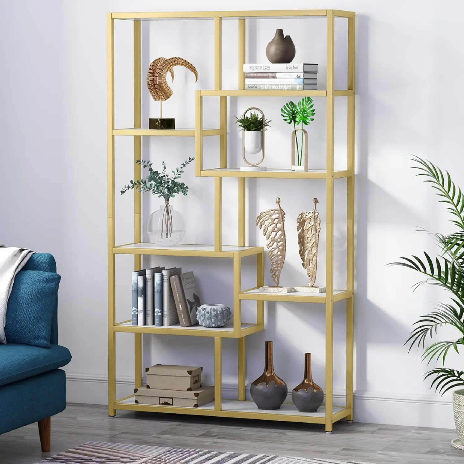 

Bookshelf Bookcase, Gold 8-Open Shelf Etagere Bookcase with Faux Marble, Modern Book Shelves Display Shelf Storage Organizer