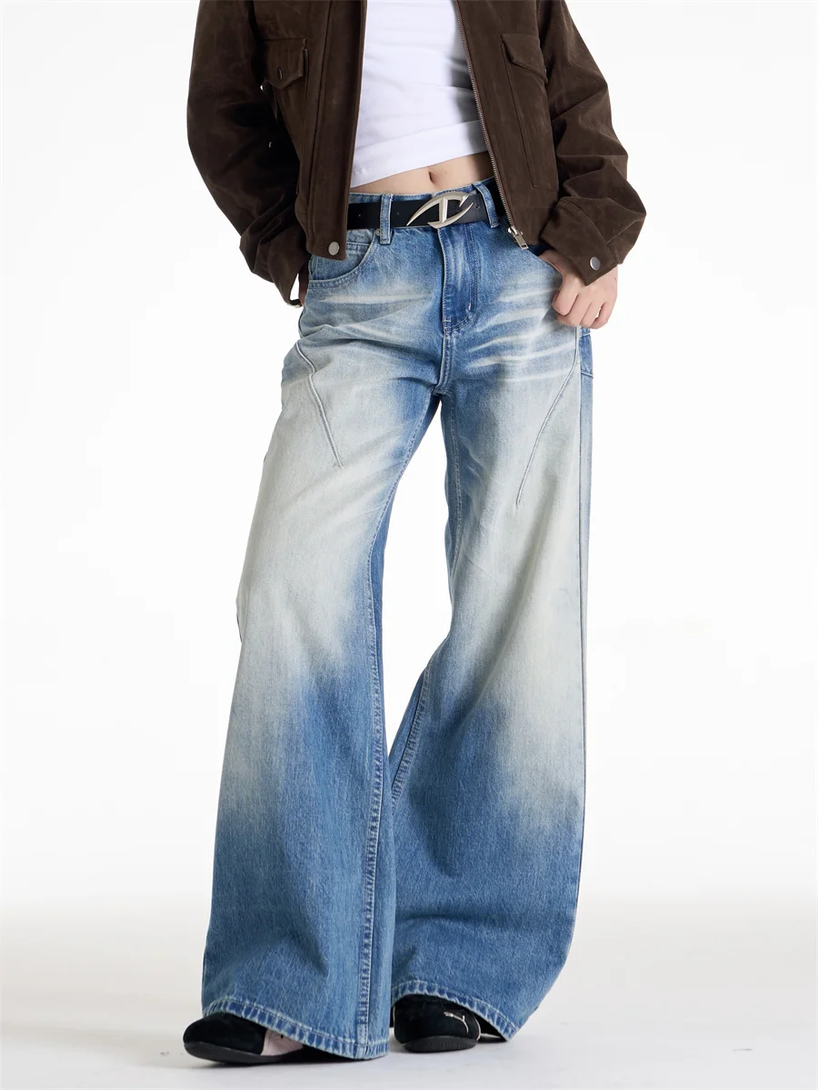 

Retro Washed Bell Bottom Jeans Women's Loose Versatile Slimming Floor-Length Pants Vintage Style Natural Waist Button Closure