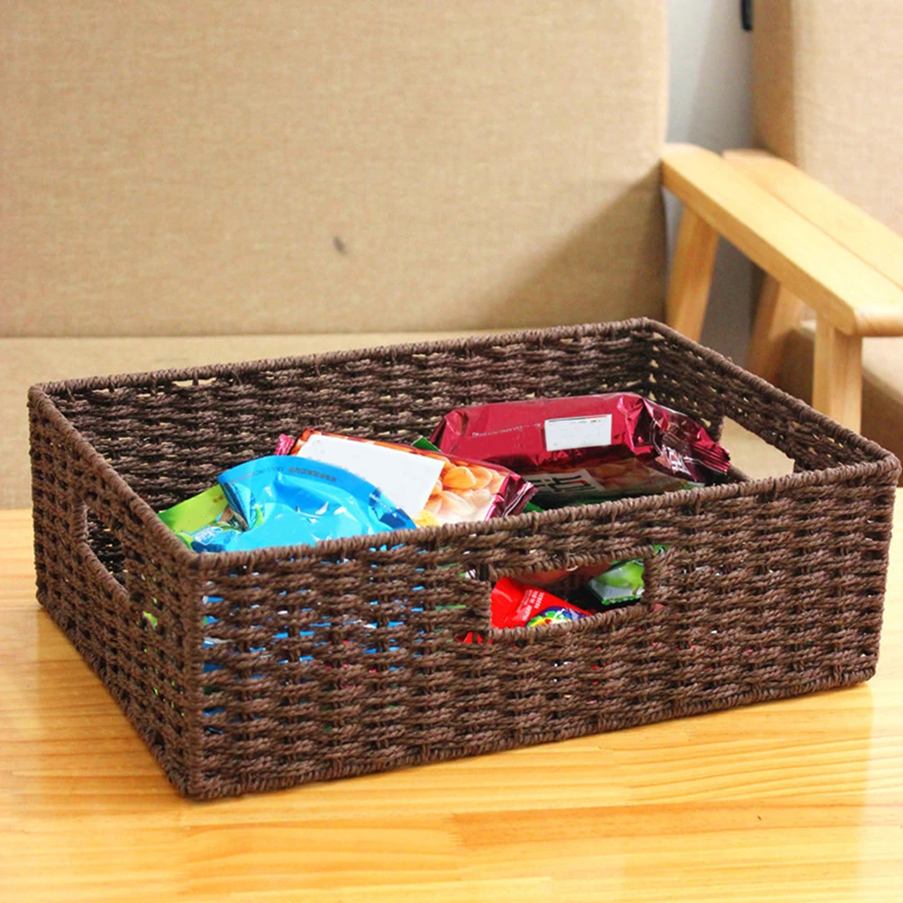 

Rattan Storage Box Wicker Handwoven Boho Bins Cupboard Organizer Snacks Books Clothes Multifunctional Handle Brown Weave
