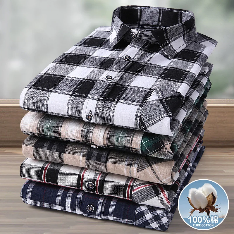 Large Big Size 8XL 9XL 10XL 11XL Men\'s Long Sleeve Shirt Autumn Spring Causal 100%Pure Cotton Checked Daily Home Oversize 150KG