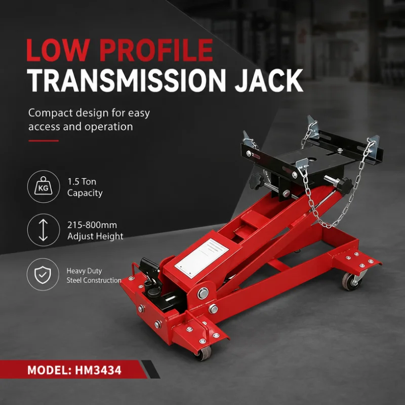 1.5 Ton Low Profile Floor Transmission Jack Heavy  Hydraulic Lift for Gearbox Engine Repair with Safety Chains