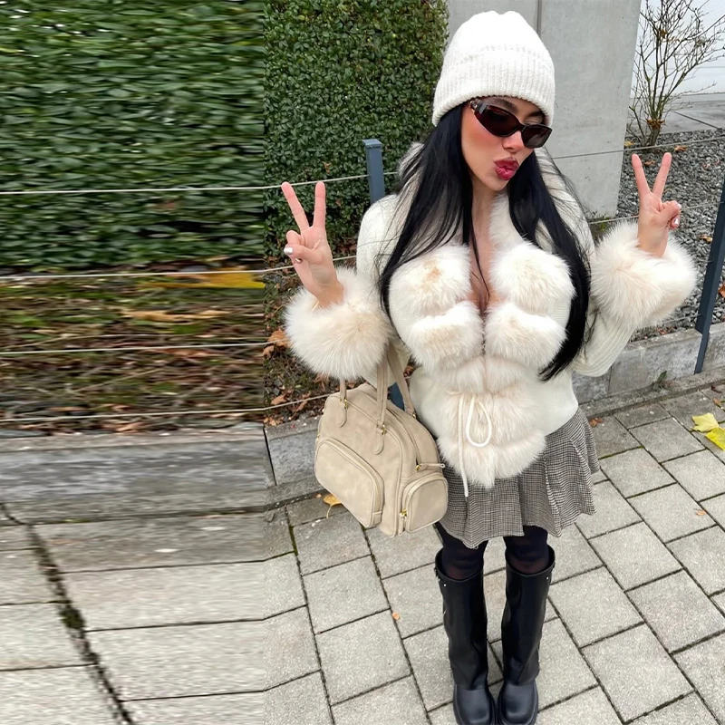 Elegant Faux Fur Patchwork Sweater Coat Women Lapel Furry Collar Slim Fit Knitted Lace-Up Cardigan 2025 New Autumn Lady Coats