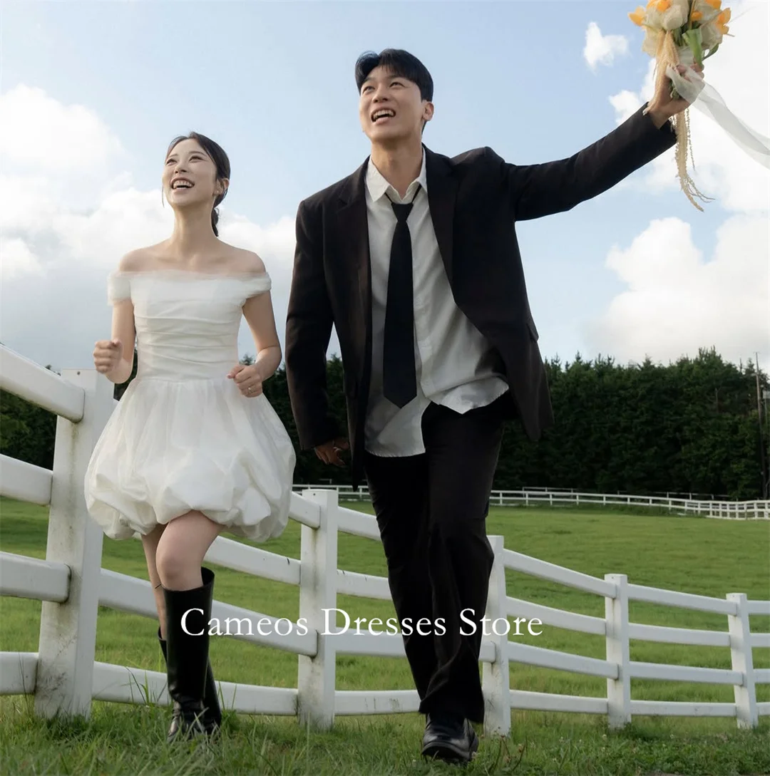 Off Shoulder Mini Bubble Tulle Wedding Dress Short Casual Bridal Gown for Outdoor Lawn Pre-Wedding Photoshoot
