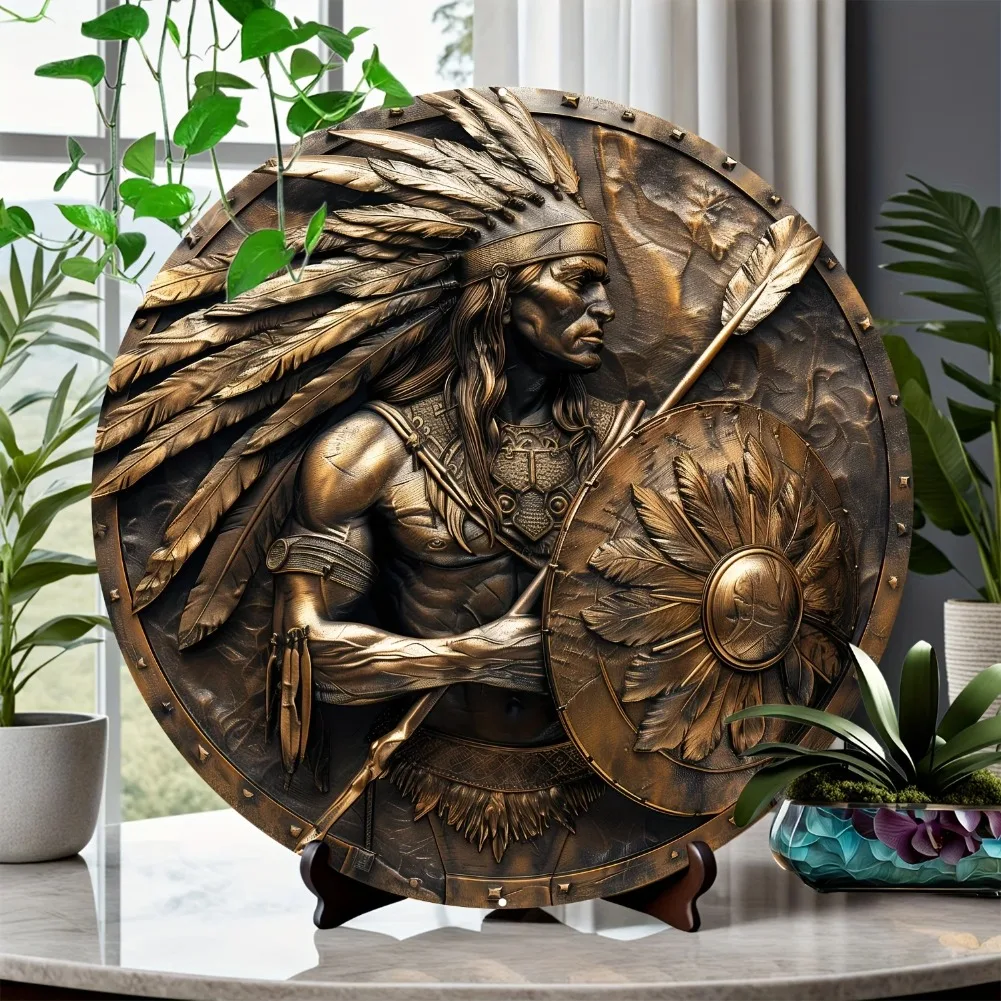 American Indian Chief & Feathered Spear – 20,3 x 20,3 cm große Aluminium-Wandkunst |   Robustes, UV-geschütztes Dekor für Zuhause, Küche, Schlafzimmer