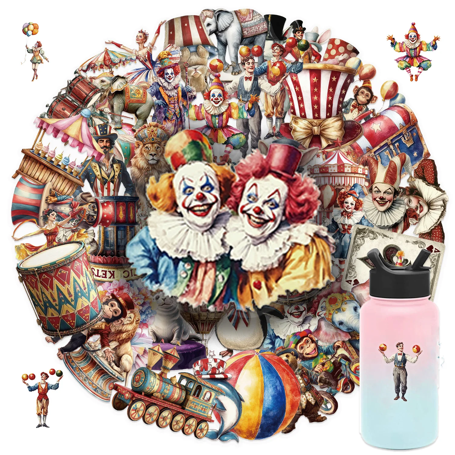 50 Uds. De pegatinas DIY de arte de payaso de circo, calcomanías transparentes de Material PET para ordenador portátil, equipaje, cuaderno, decoración de escritorio