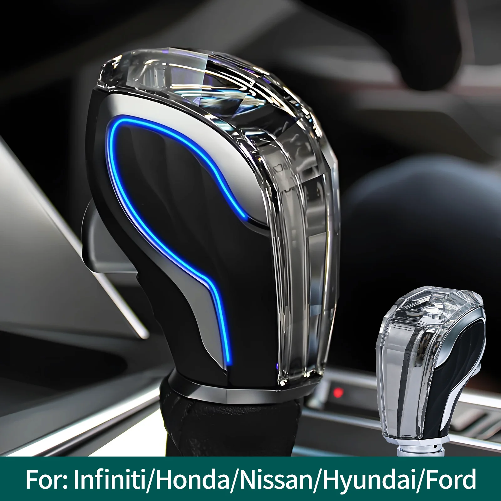 LED Crystal Gear Shift Knob For Infiniti/Honda/Hyundai Automatic With Front Button 7 Color Rechargeable Interior Car Accessories