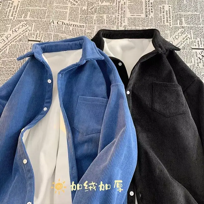Winter Men Warm Shirt Corduroy Vintage Thickened Loose Style Single-Breasted Coat Lining Fleece Square Collar Striped Shirts