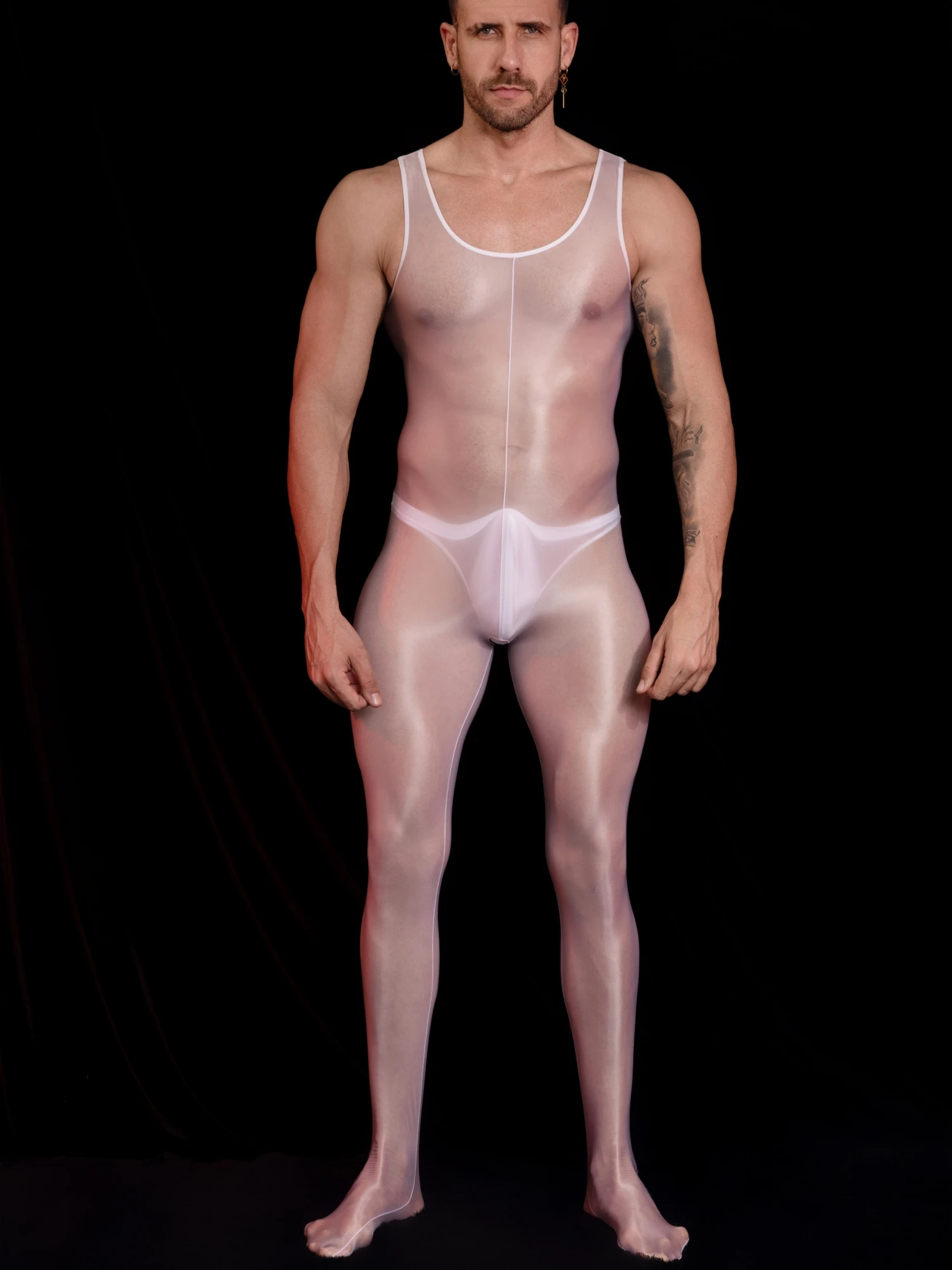 男性シースルージャンプスーツノースリーブパジャマセクシーなオイル光沢のあるオープンクロッチタイツ薄型ソフト伸縮性高品質生地ボディスーツ