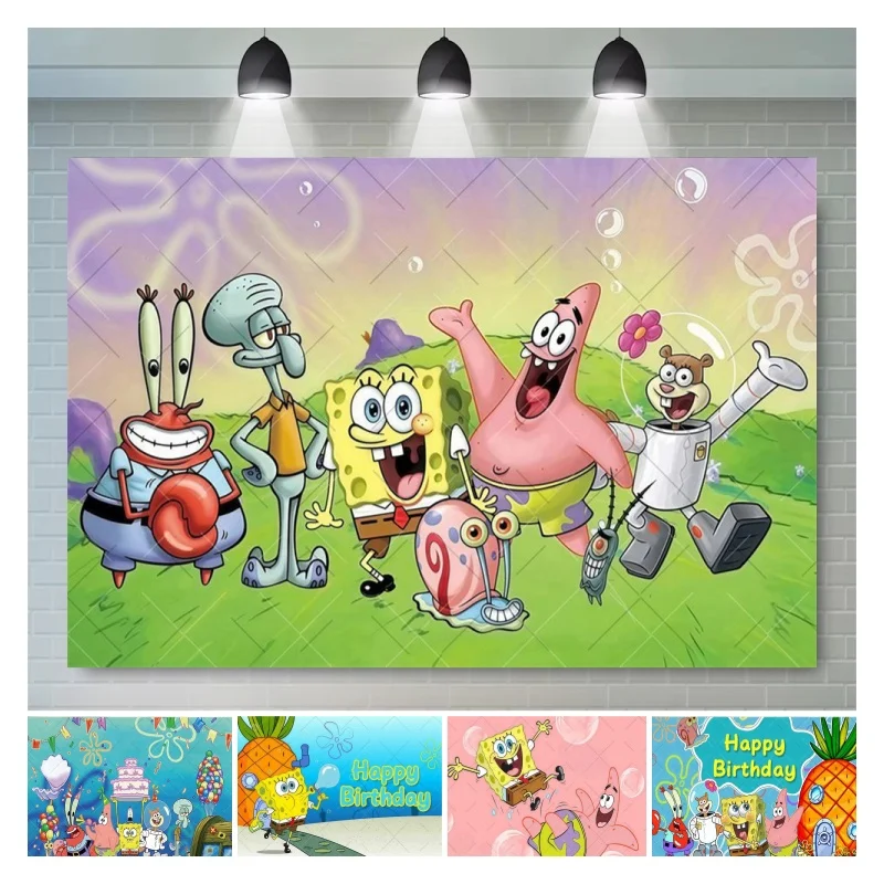 Cartoon SpongeBob Themen-Hintergrund für Babyparty Geburtstag Fotografie-Hintergrund für Kuchentisch Partydekoration Fotobox-Requisiten
