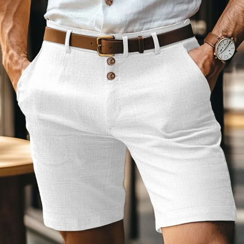 Mens Vintage Stand Pocket Cotton Linen Shorts 2025 Europe Style Casual Beach Short Pants Solid White Triple Buttons Up Hotpants