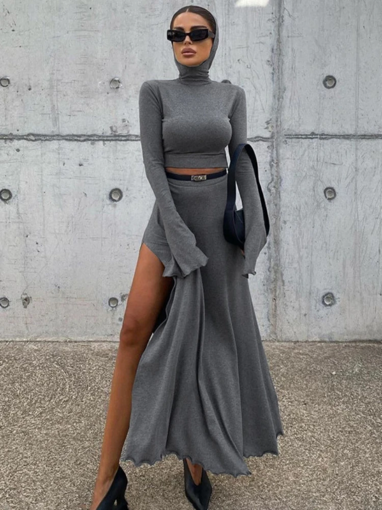 TARUXY Loose Side Slit Skirt Two Piece Sets Womens Outfits 2024 Women Dress Sets Short Long Sleeve Hoodies And Skirts Suit Femme