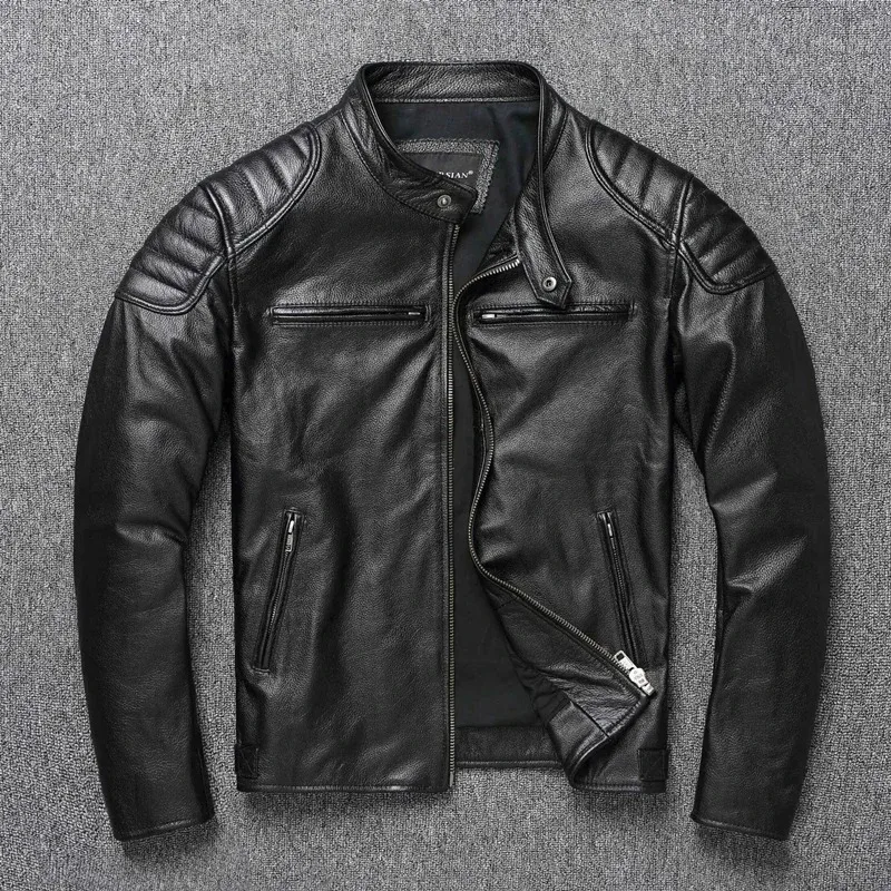Italian Oil Wax Vegetable Tanned Bark Pattern Sheepskin Genuine Leather Jacket Men'S Motorcycle Standing Collar Leather Jacket - view 2