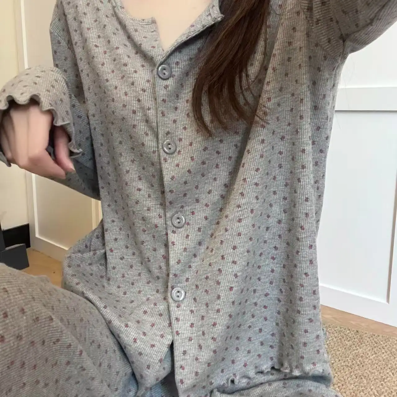 

Пижамные комплекты для молодежи и женщин: комфортные, вязаные, хлопковые, с длинным рукавом, на пуговицах, домашняя одежда, полноразмерные, практичные, уютные, классические, осенне-зимние, в стиле OL.