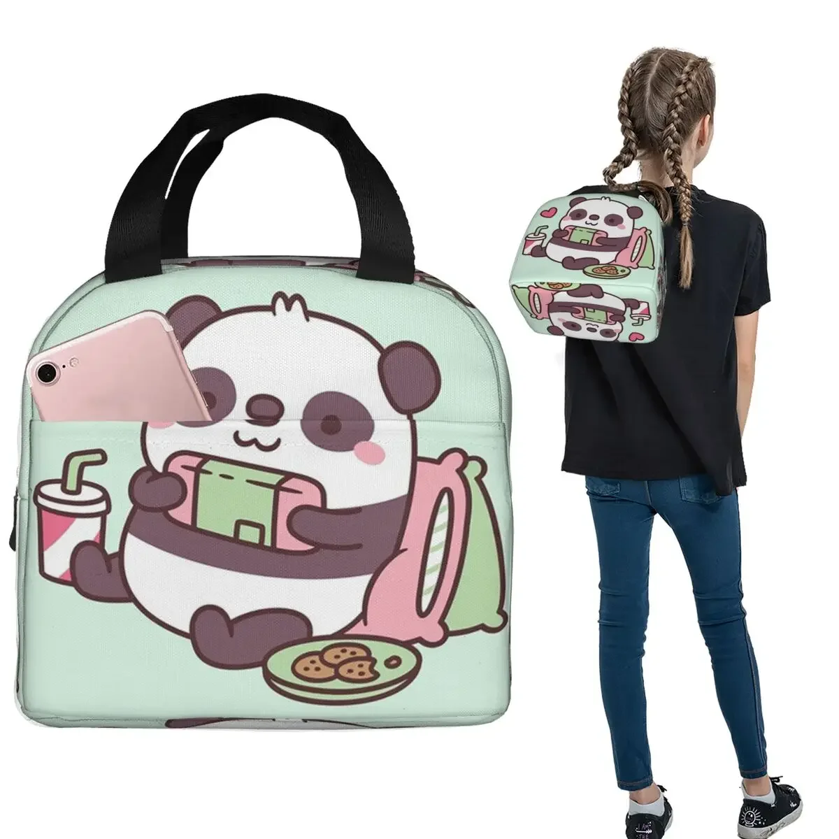 Cartoon Panda Playing Video Games Insulated Lunch Bag for Women Kids Portable Food Boxes Thermal Lunch Box Tote