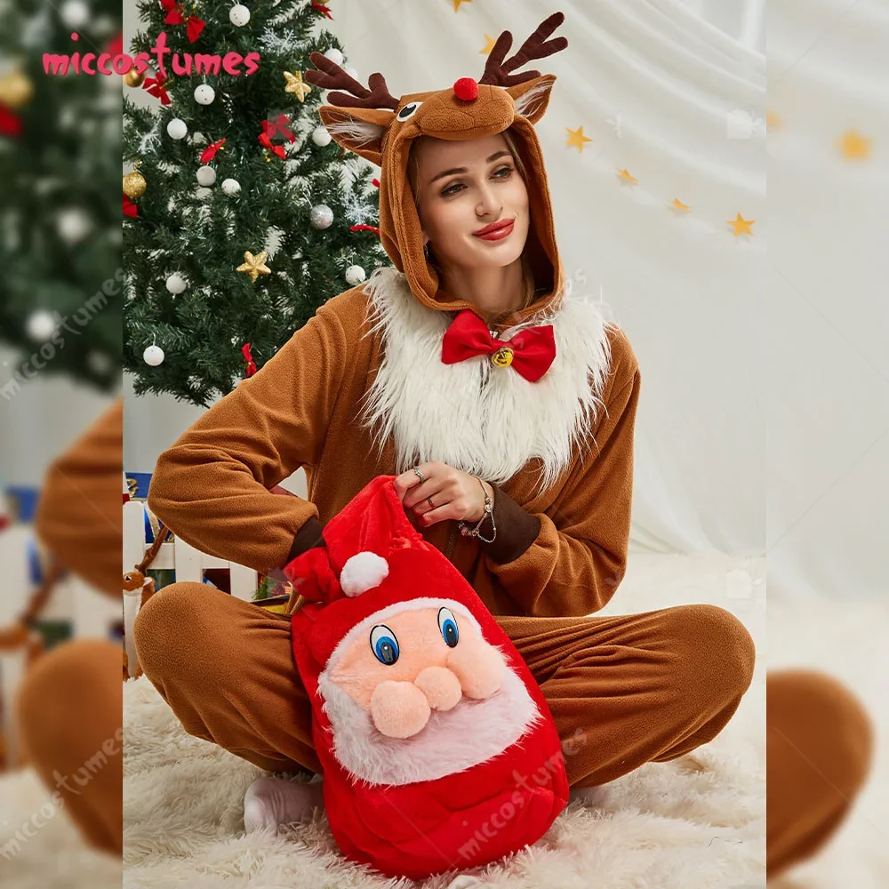 Women Christmas Onesie Reindeer Design Adult Onesie Pajama Long Sleeve Hooded Kigurumi Nightwear Costume