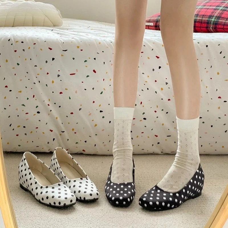 Spring Dot Square Toe Women Mary Jane Shoes Concise Shallow Slip On Shoes Ladies Elegant Internal Elevation Dress Ballet Shoes