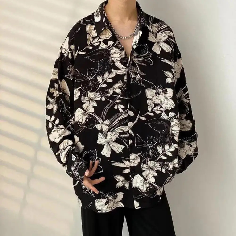 Spring Autumn Shirt Vintage Floral Print Men's Cardigan with Retro Collar Long Sleeves Stylish Mid Length Top for Spring Fall