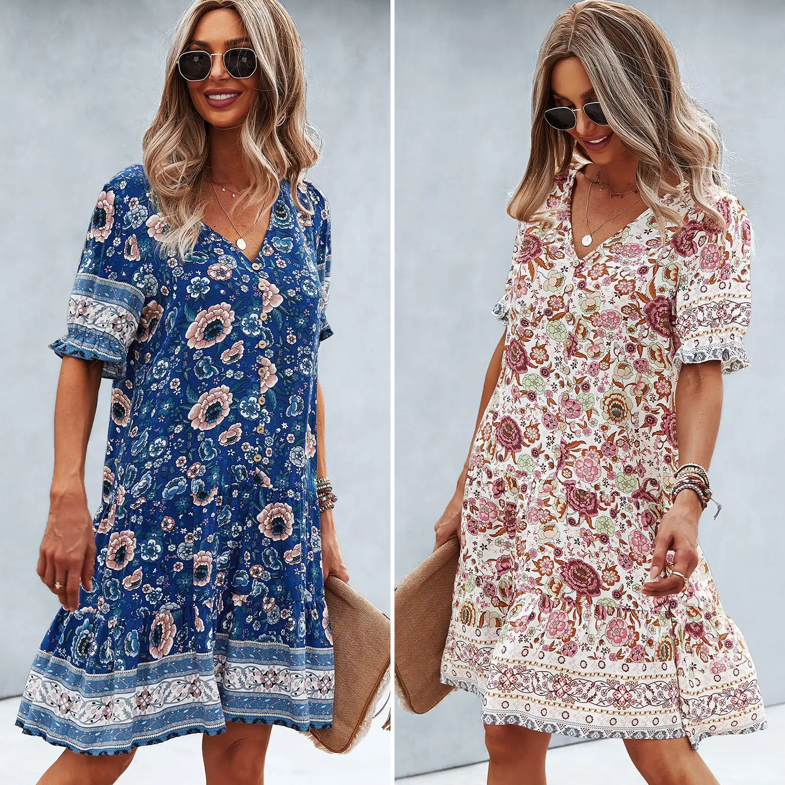 

Printed Loose Dress 2025 Spring And Summer V-neck Store Popular Women