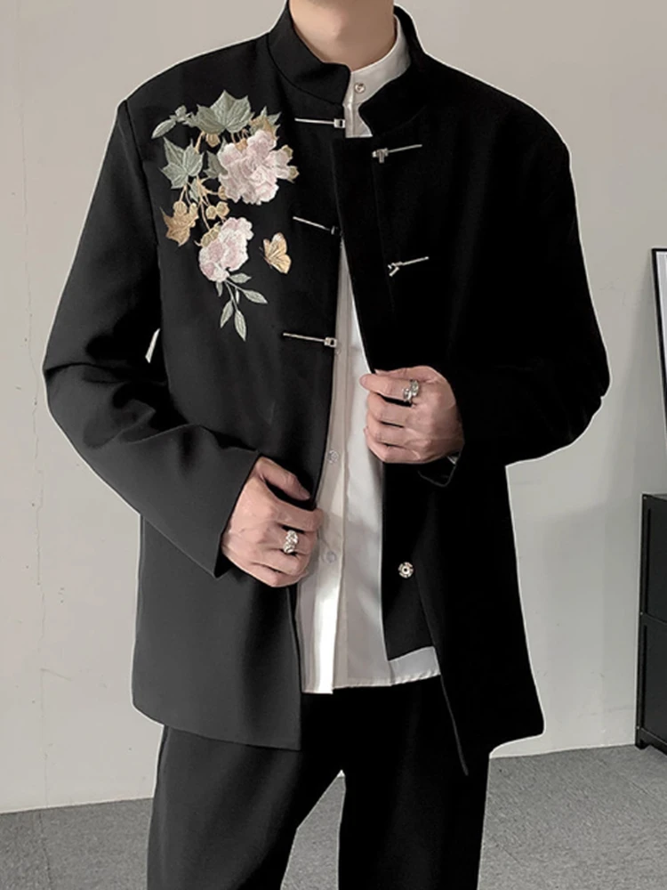 

Bla Peony Embroidery New Chinese Sle Men's Suit Jaet Wedding Outfit Casual Western Coat for Teenagers Polyest...
