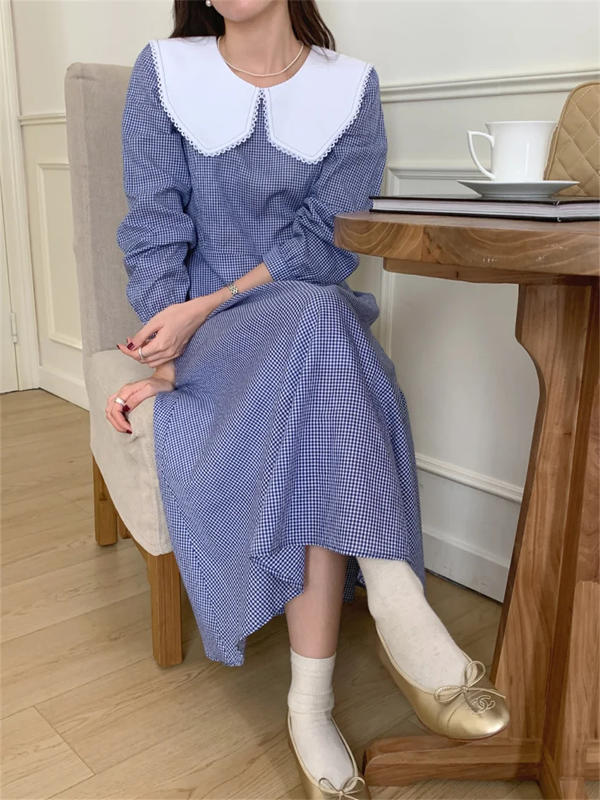Arazooyi Autumn Maxi Dress Women Peter Pan Collar Chic Daily 2023 Autumn Mujer Camping Sweet Plaid Slim Elegant Office Lady