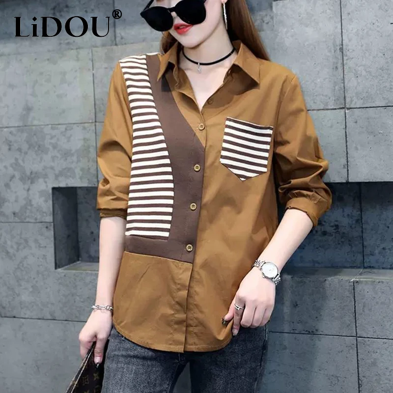 Summer Polo-neck Striped Patchwork Long Sleeve Cardigan Shirt Women Casual Fashion Top Lady Oversized Streetwear Vintage Blouse