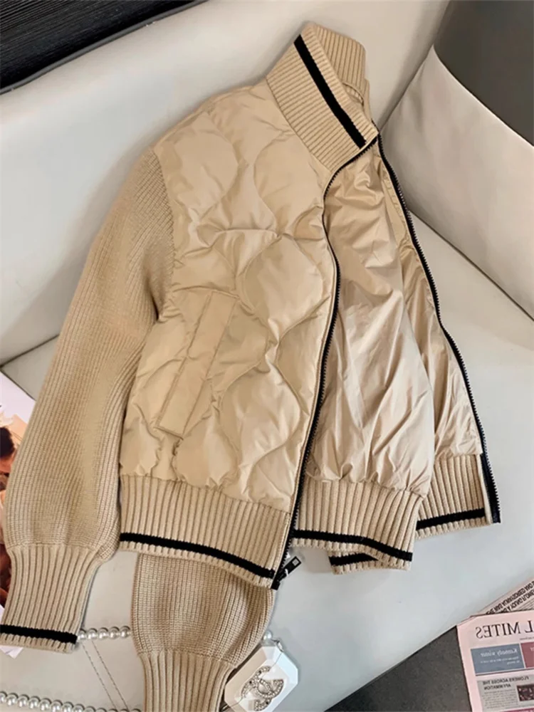 

American Design Knitted Patchwork Diamond Baseball Cotton Jaet Men Women Autumn Winter College Sle Vintage Manner Coat