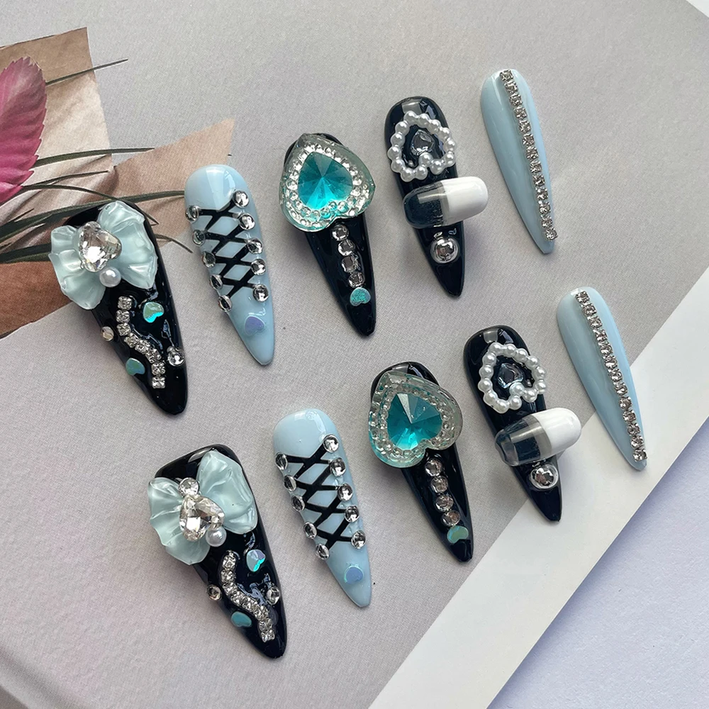 

Japanese Style New Gothic Punk Blue Black Handmade Press On Nails Spicy Girl Glitter Diamond Metal Chain False Nail Ring Suit