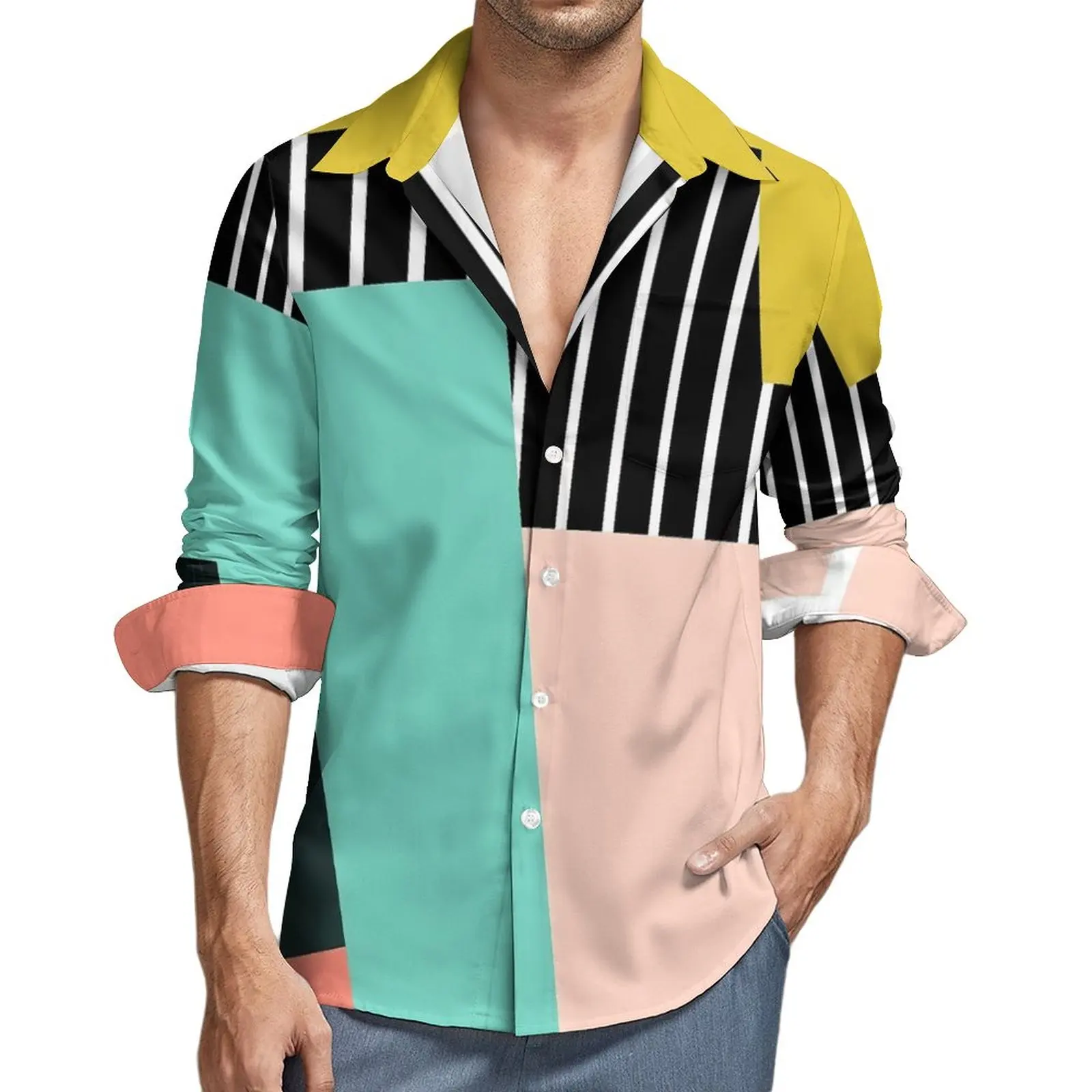 Abstract ColorBlock Shirt Male Stripes Print Casual Shirts Autumn Y2K Blouses Long Sleeve Novelty Oversized Tops Birthday Gift