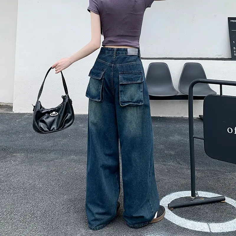 

Women's Vintage Blue Pocket Loose Street Jeans 90s American Trendy Low Waist Jeans Harajuku Y2k Casual Straight Boyfriend Jeans