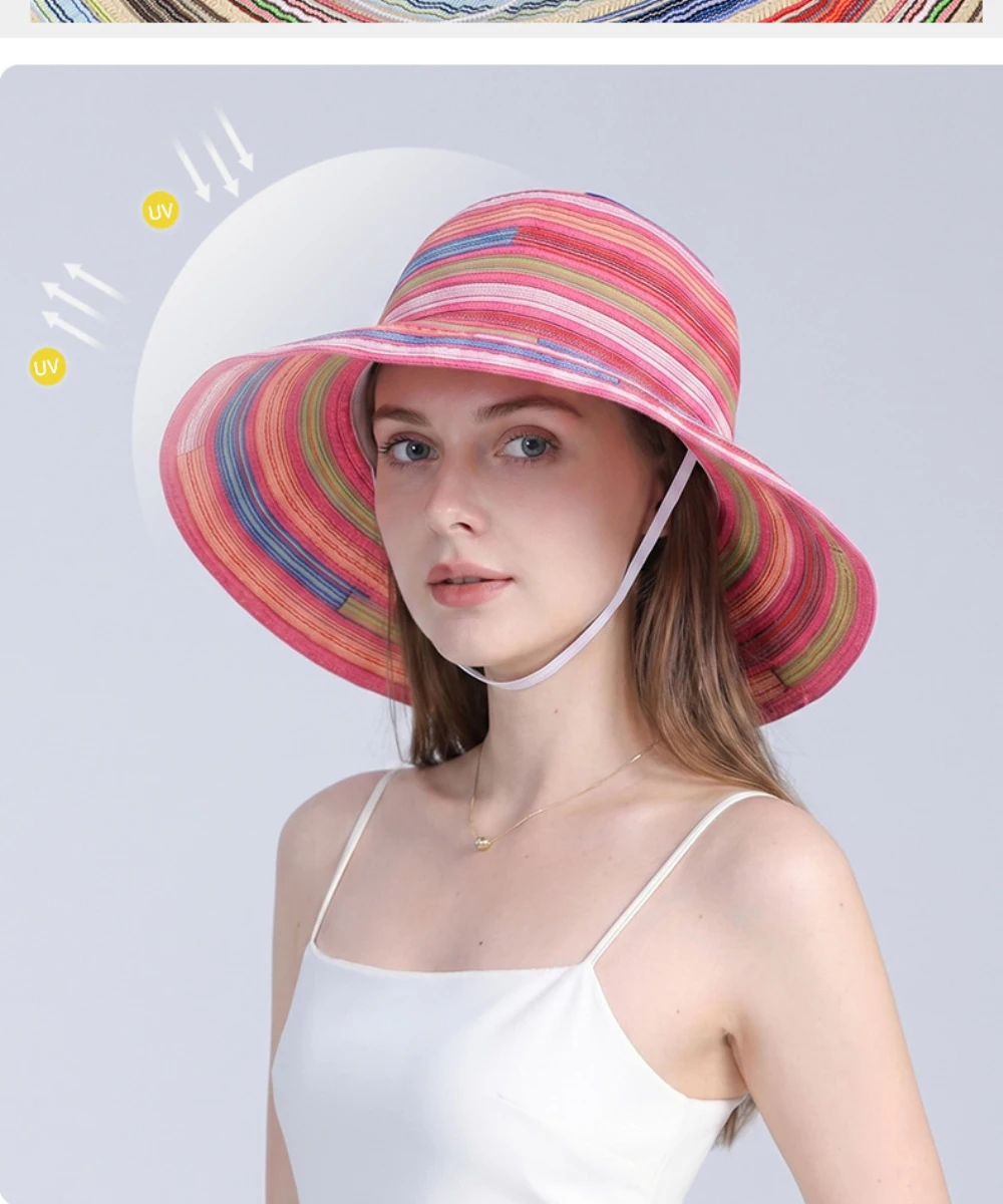 HT5134 Frühling Sommer Sonnenhut für Damen, faltbarer Strandhut mit breiter Krempe, UV-Schutz, Bucket Cap, 2026 Neu, bunter Damen-Bucket-Hut – Detail 2