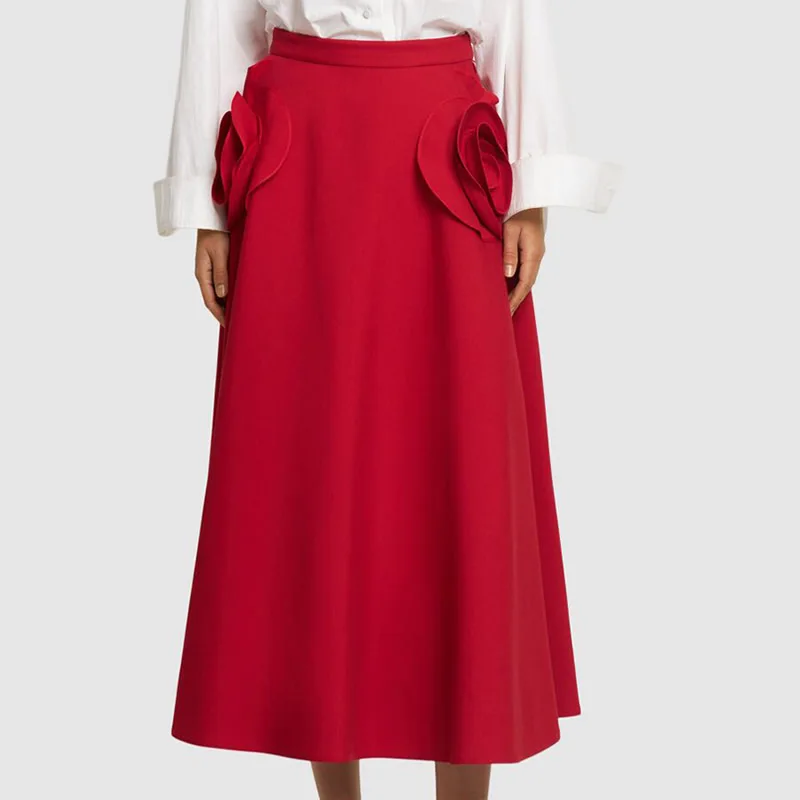 New Arrival Red Solid Women Skirt Lady's Appliques Long Skirt