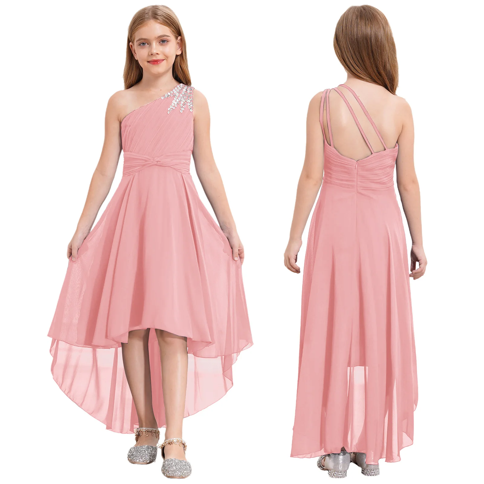 

Girls Party Dress Chic Ruched Shiny Beaded Collarless One Shoulder Sleeveless Wedding Evening Birthday Proms Performance Costume