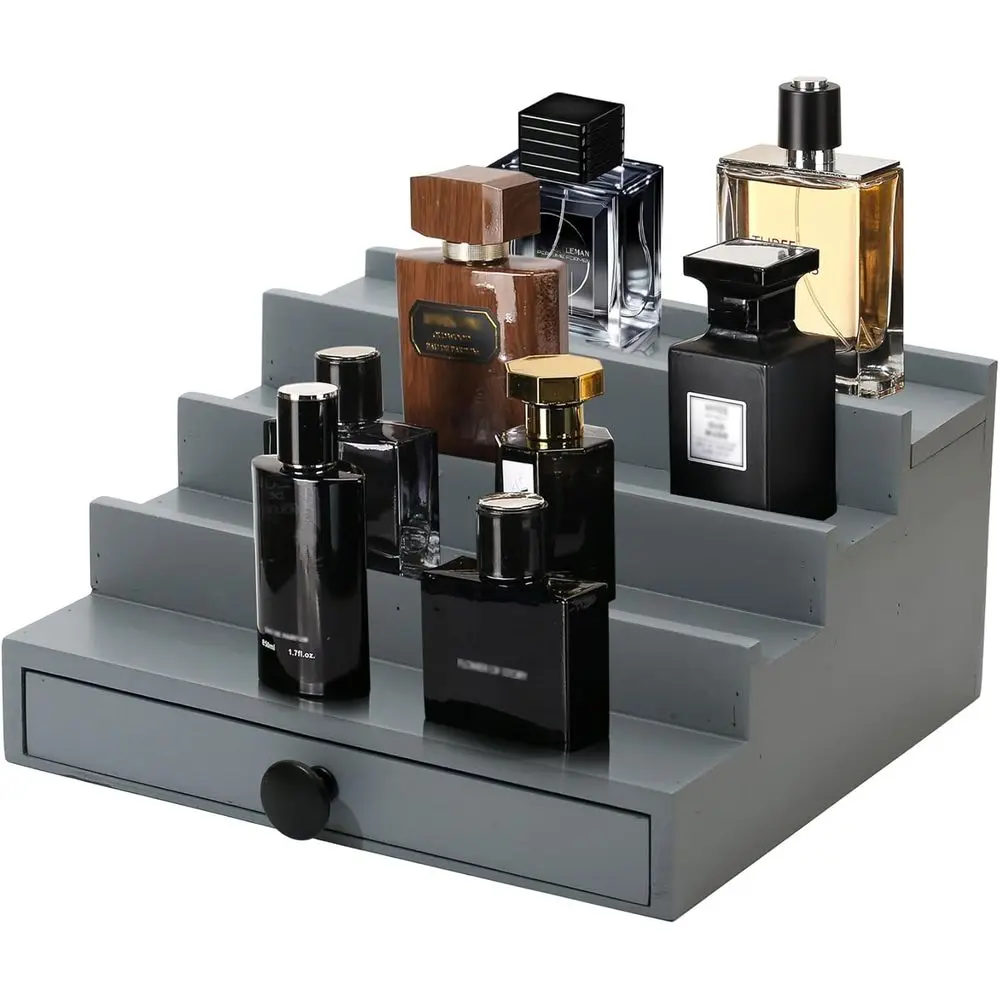 

Organizer for Men - 4 Tier Wooden Grey Cologne Display Stand with Drawer and Hidden Compartment, Mens Cologne Perfume Ho