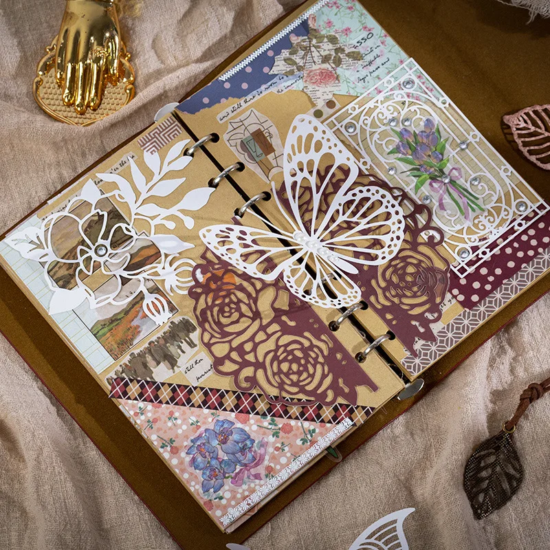 10pcs Hollow วัสดุกระดาษดอกไม้ลูกไม้ผีเสื้อตกแต่ง Retro พื้นหลัง DIY ไดอารี่สมุดภาพตกแต่งเครื่องเขียนสติกเกอร์