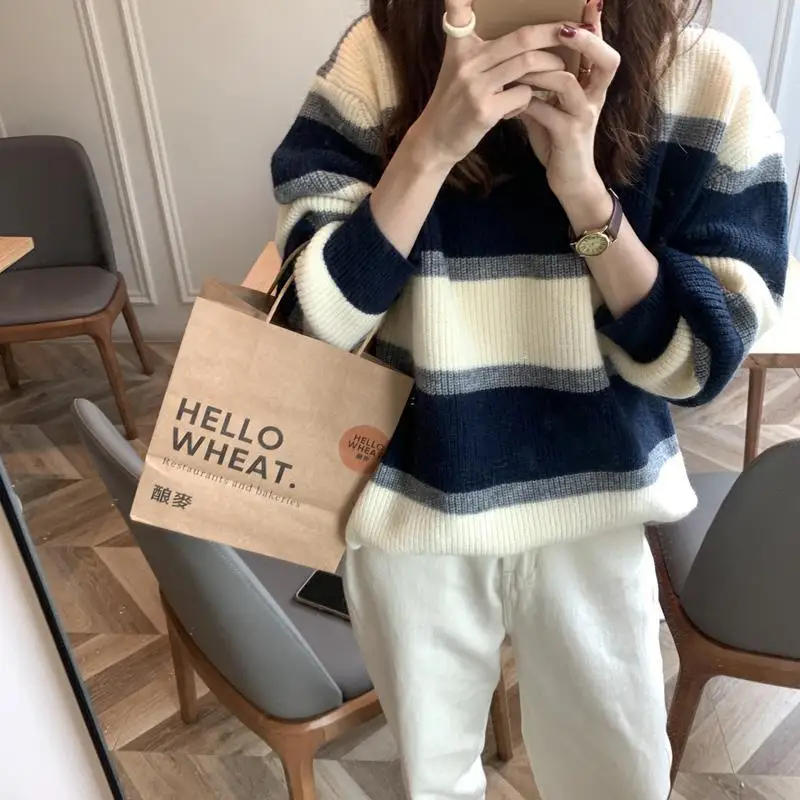 Fashion O-Neck Spliced Striped Sweaters Female Clothing 2024 Autumn Winter New Loose Knitted Casual Pullovers Preppy Style Tops