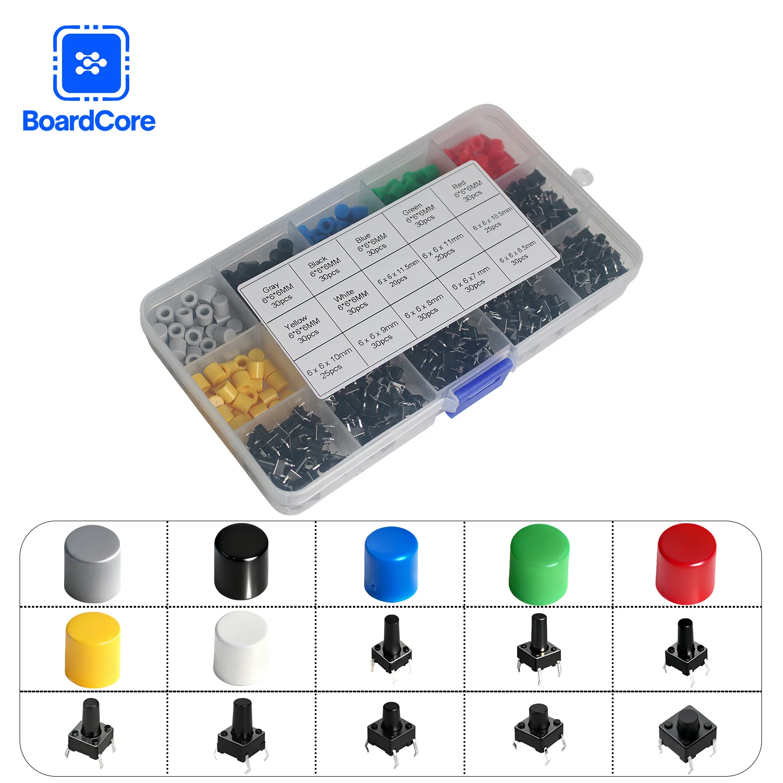 420PCS Tactile Push Button Switches Kit -8 Types with Caps, DIP 6x6x6.5/7/8/9/11mm Through Hole Assorted Box for Electronics