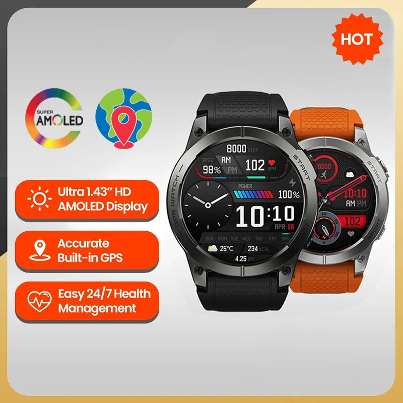 Hi-Fi Bluetooth Phone Calls Smart Watch 1.43-inch HD AMOLED Display Built-in GPS Sports Weather Smartwatch for Men Women