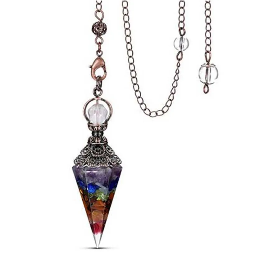 Natural Crystal Chips Stone Orgone Pendulums For Dowsing Divination 6 Faceted Hexagonal Pointed Cone Resin Spiritual Pendants