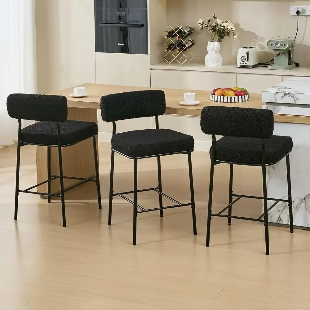 Set of 3 Upholstered Counter Height Bar Stools with Black Fabric Backs for Kitchen Island or Modern Dining
