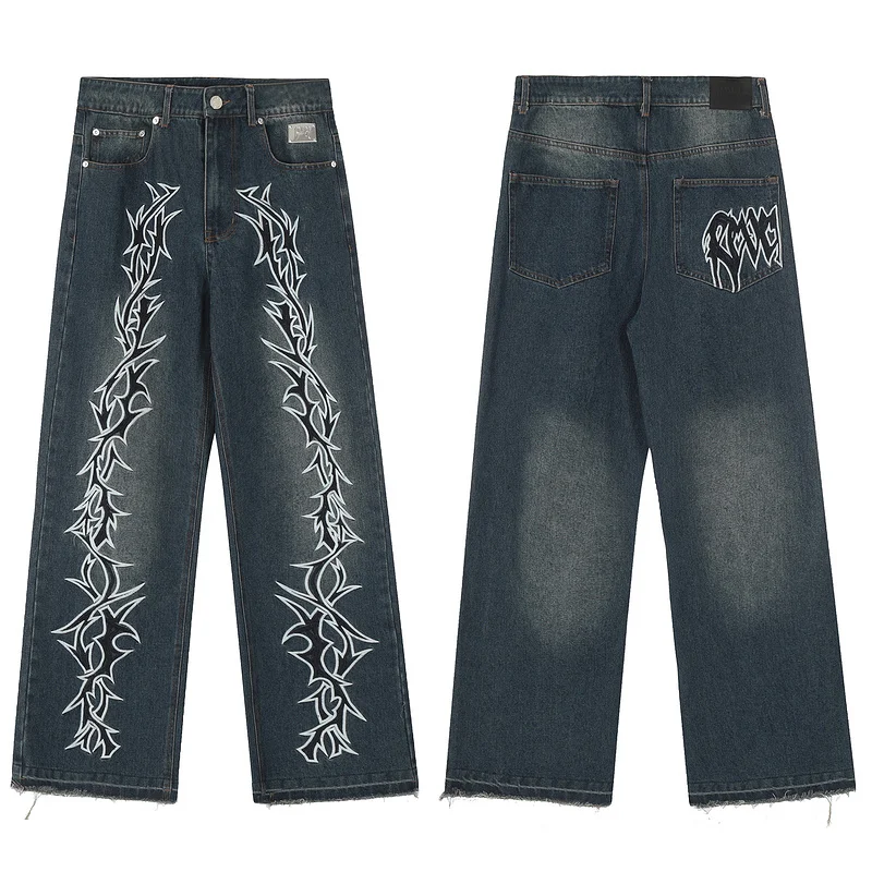 

Casual Embroidered Men's Jeans High Street Sle Straight Leg Loose Fit Denim Long Pants Youth Trend Wear Resistant hine Wa