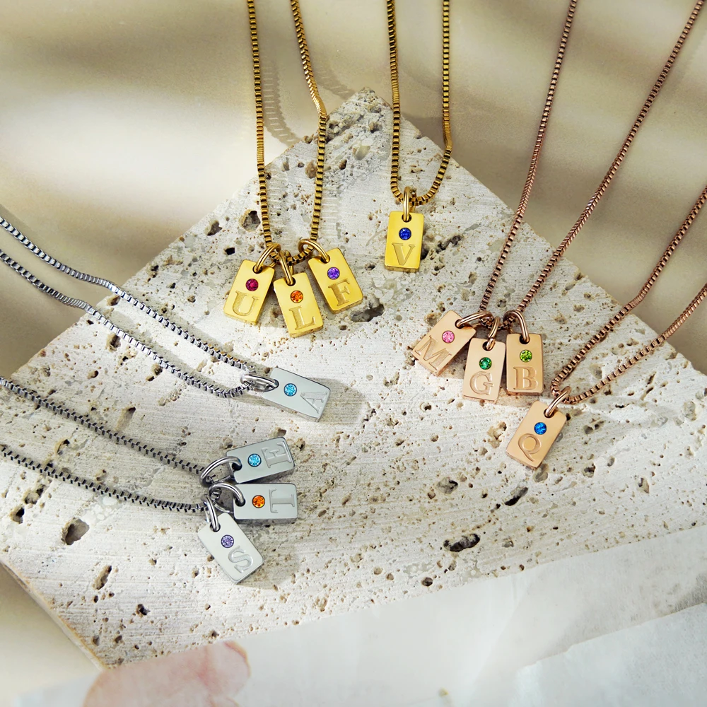 Custom Birthstone Initial Necklace A-Z Stainless Steel Alphabet Pendant Necklace Women Personalized Minimal Letter Jewelry Gift