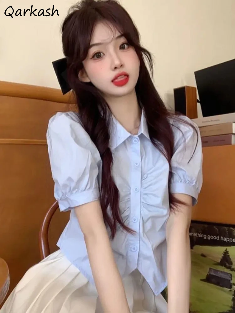 

Shirts Women Puff Sleeve Hotsweet Korean Style Summer Solid All-match College Fashion Ulzzang Classic Casual Vintage Princess