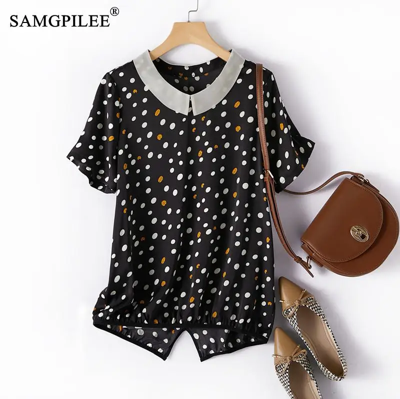 

T Shirt Women 2022 New Summer Kawaii Organza Doll Collar Classic Polka Dot Thin Chiffon Short Sleeve Chiffon Top Female Clothing