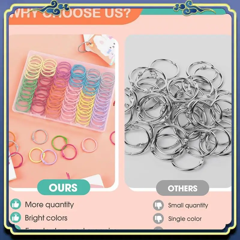 Portable 100PCS Binder Rings Set With 1 Clear Organizer Box - 1 1/5 Inch Colorful Metallic Loose Leaf Paper Rings Set Kit